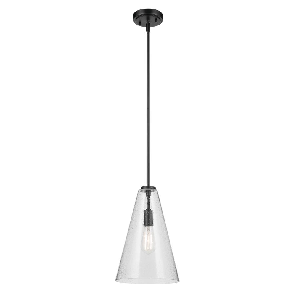 Everly 15.25" 1-Light Cone Pendant with Clear Seeded Glass in Black