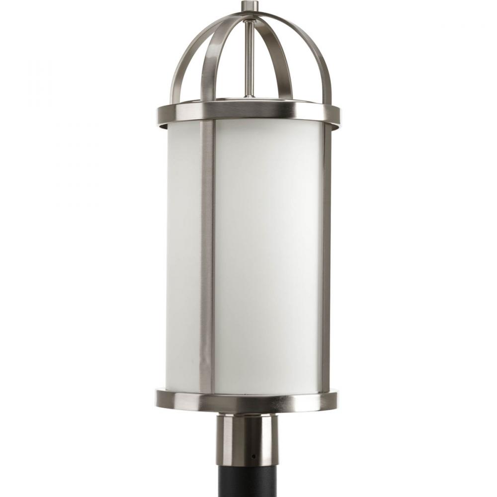 One Light Brushed Nickel Opal Etched Glass Post Light