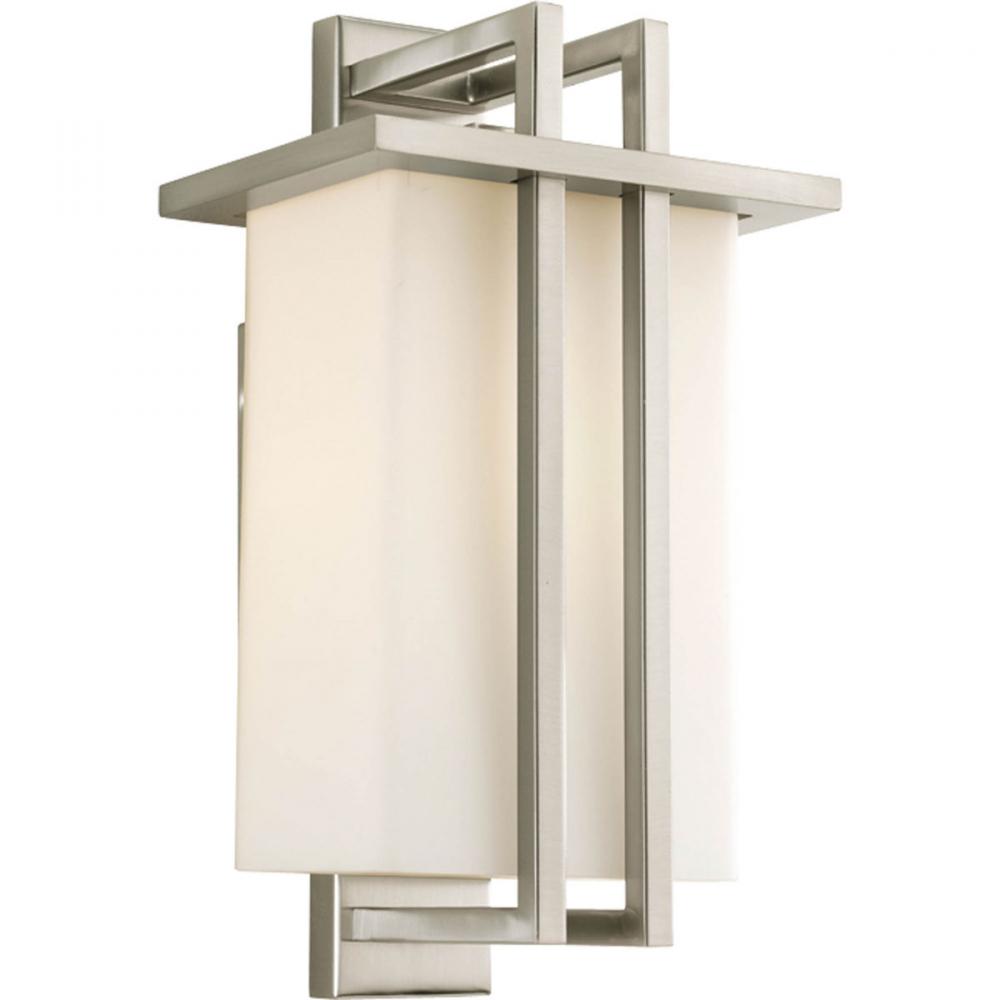 One Light Brushed Nickel Opal Etched Glass Wall Lantern
