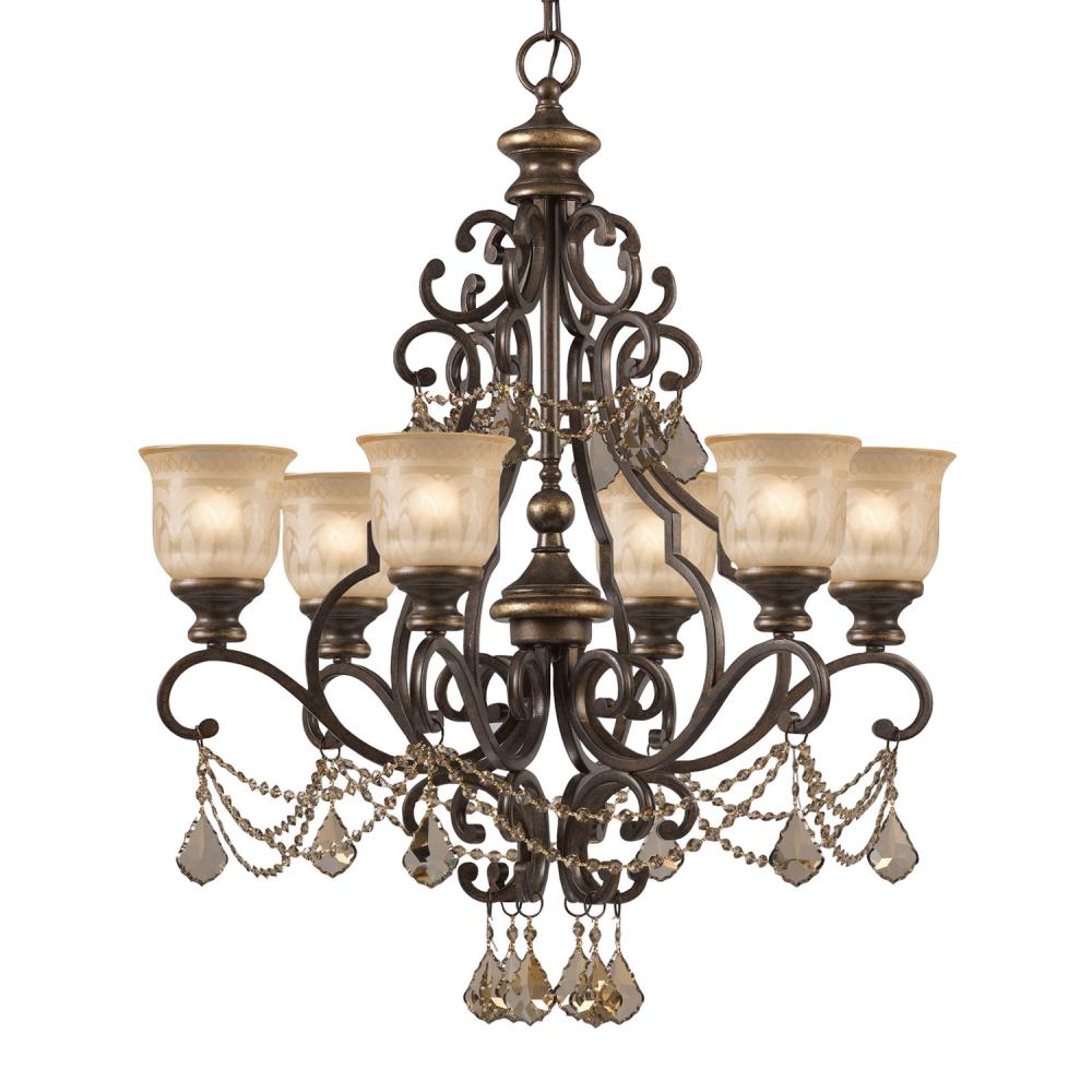 Norwalk 6 Light Golden Teak Hand Cut Crystal Bronze Umber Chandelier