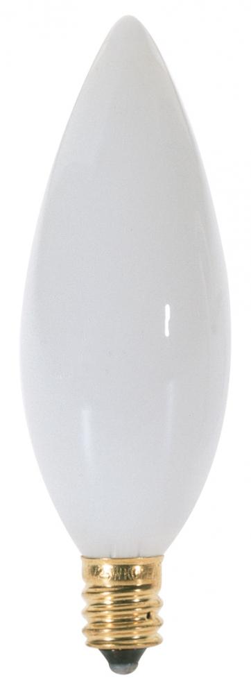 25 Watt BA9 1/2 Incandescent; Gloss White; 2500 Average rated hours; 163 Lumens; Candelabra base;