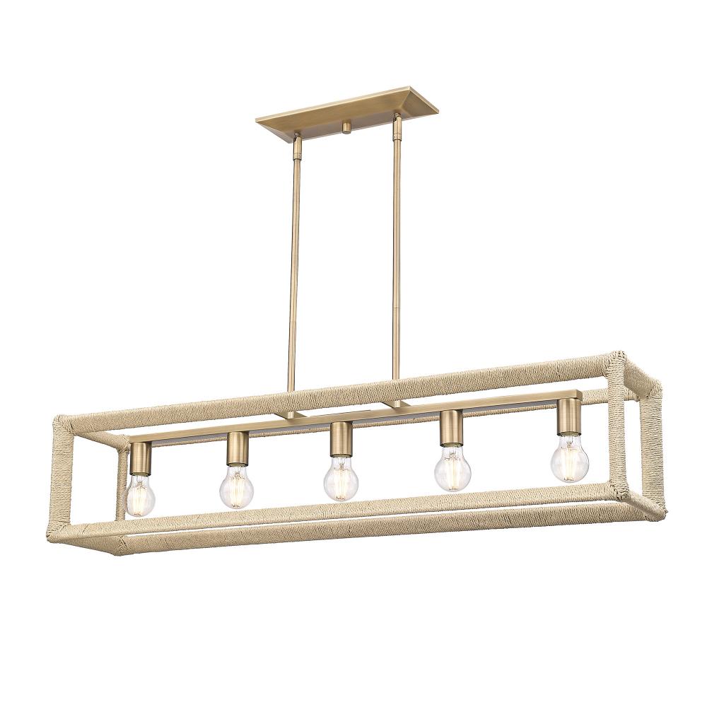 Kimber Linear Pendant in Modern Brass with Light Natural Rattan Accents