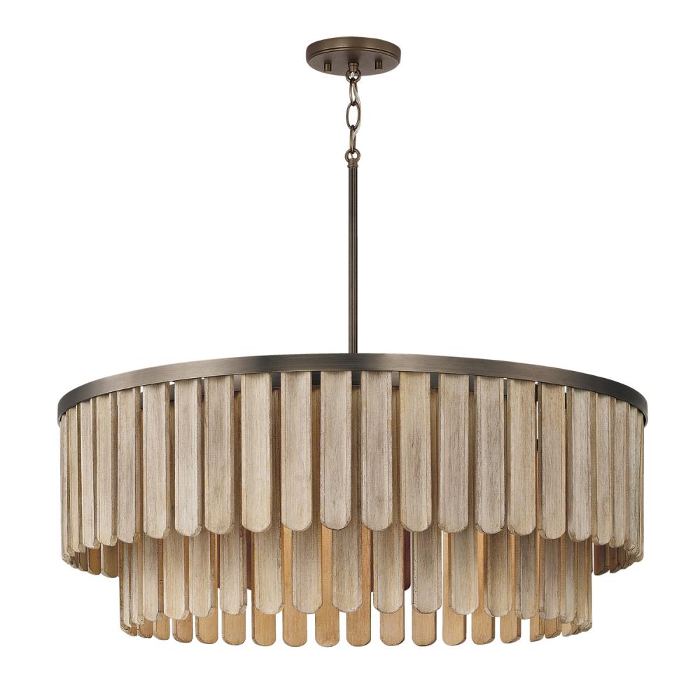 6-Light Pendant in Dark Brass with Handcrafted Mango Wood in Nordic Grey Stain