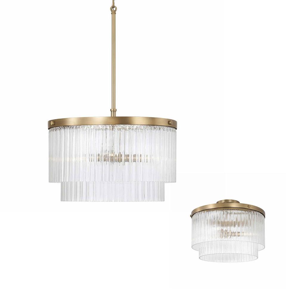 3-Light Dual Mount Pendant in Aged Brass with Clear Beveled Fluted Glass